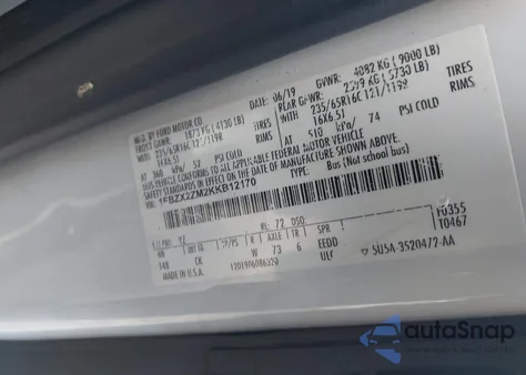 2019 Ford Transit-350 Xlt из США, поврежденный, VIN 1FBZX2ZM2KKB12170